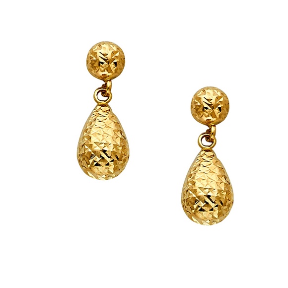 14K Yellow Diamond Cut Hollow Teardrop Earring